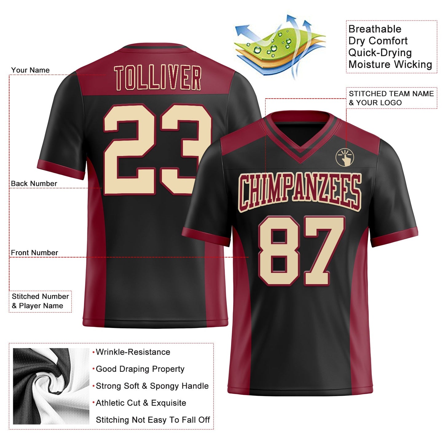 Custom Black Cream-Crimson Authentic Football Jersey
