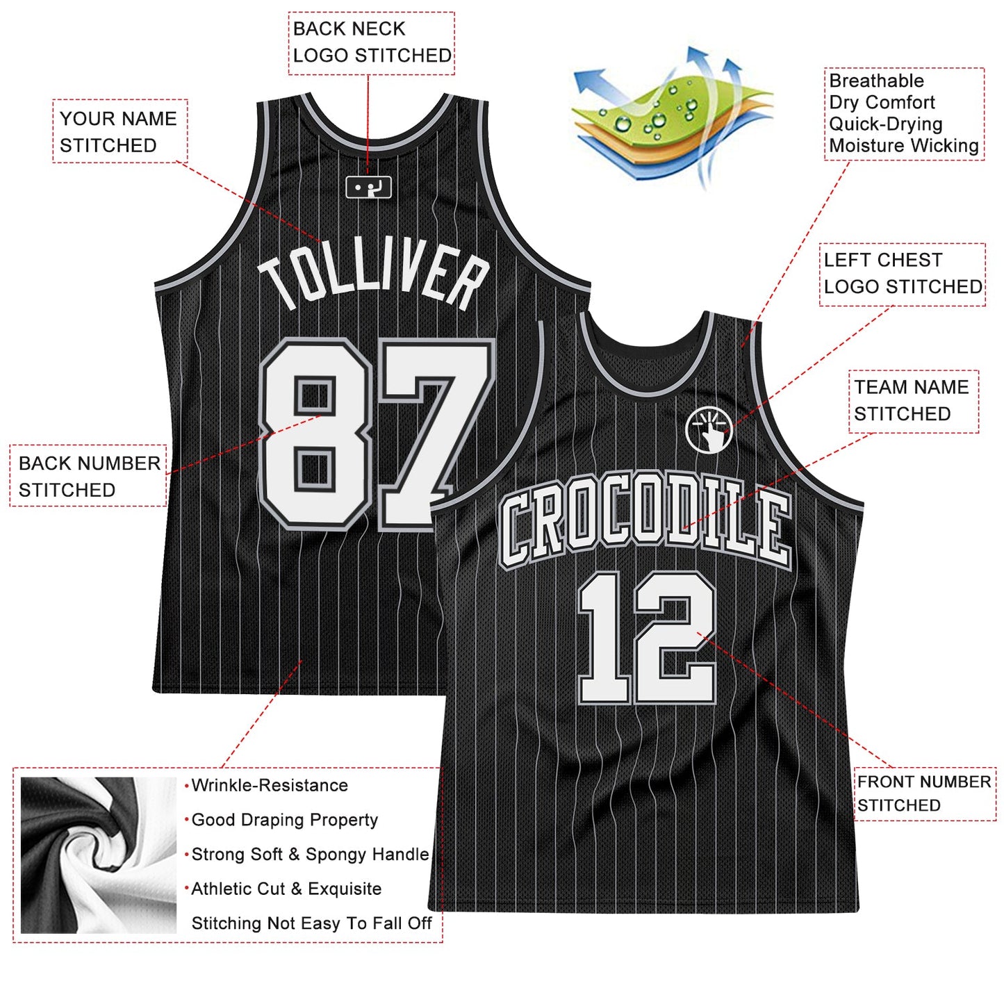 Custom Black Gray Pinstripe White Authentic Basketball Jersey
