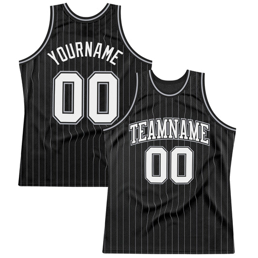 Custom Black Gray Pinstripe White Authentic Basketball Jersey