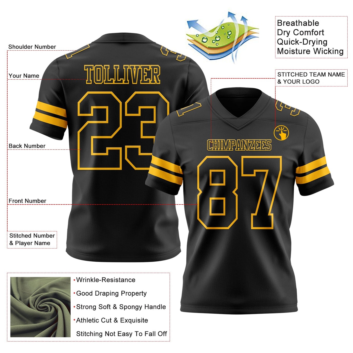 Custom Black Gold Authentic Football Jersey