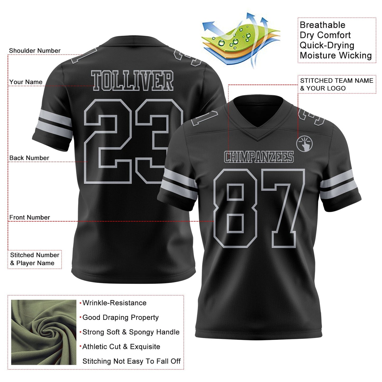 Custom Black Gray Authentic Football Jersey