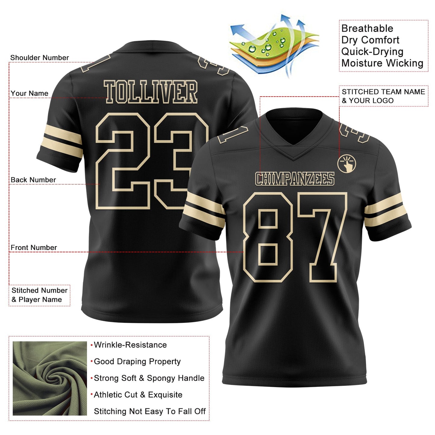 Custom Black Cream Authentic Football Jersey