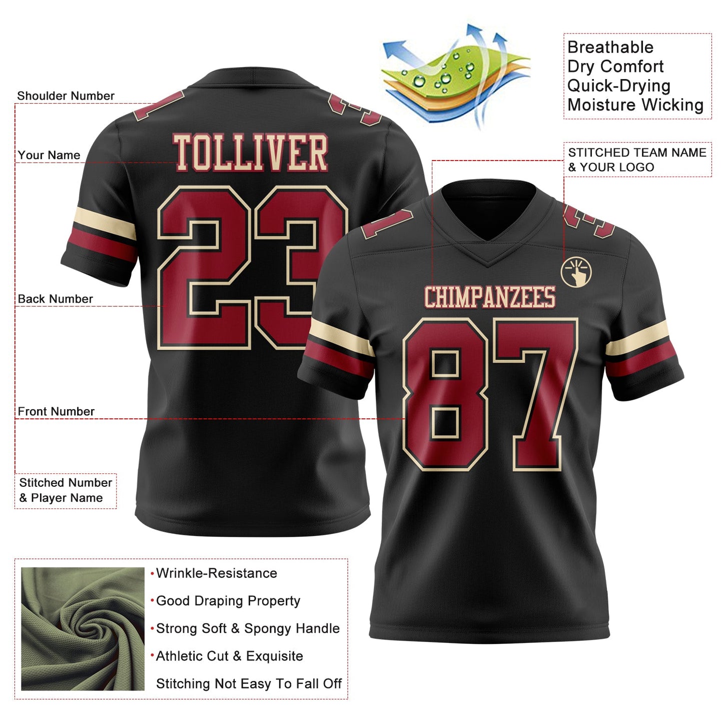 Custom Black Cardinal-Cream Authentic Football Jersey