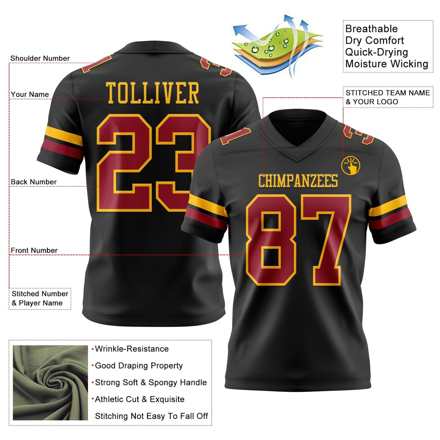 Custom Black Cardinal-Gold Authentic Football Jersey