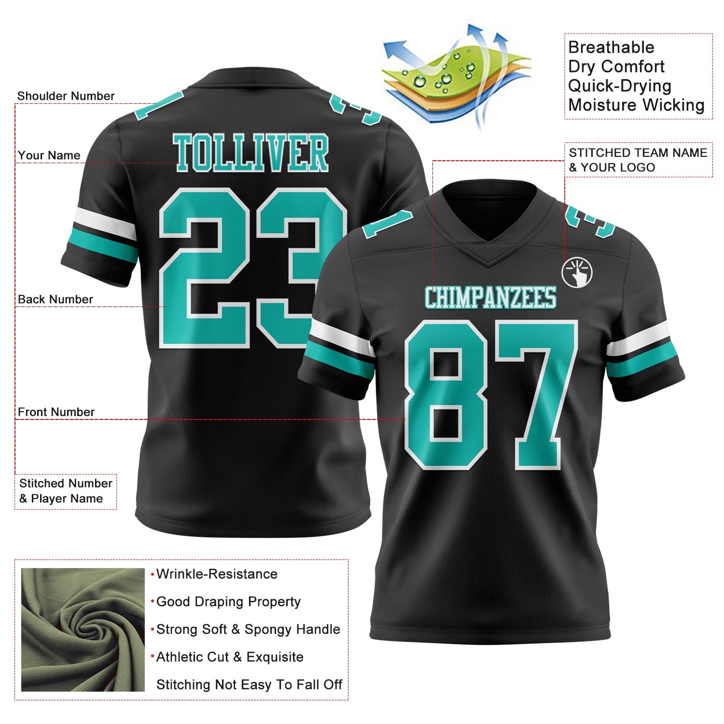 Custom Black Aqua-White Authentic Football Jersey