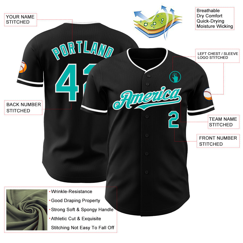 Custom Black Aqua-White Authentic Baseball Jersey