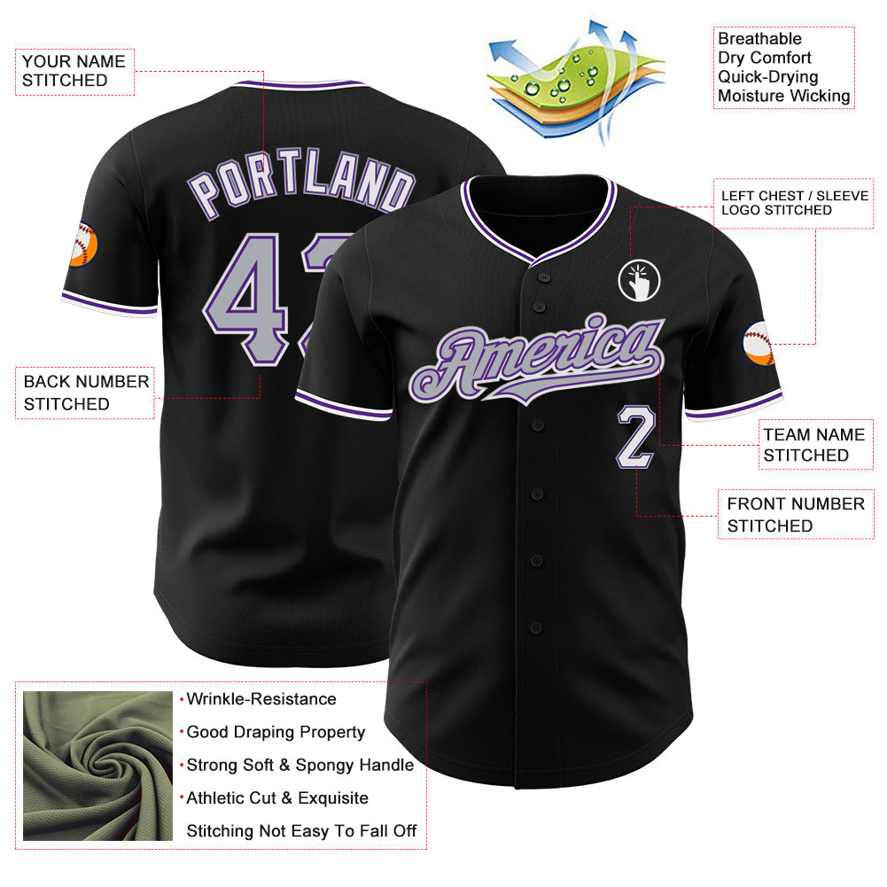 Custom Black Gray Purple-White Authentic Baseball Jersey