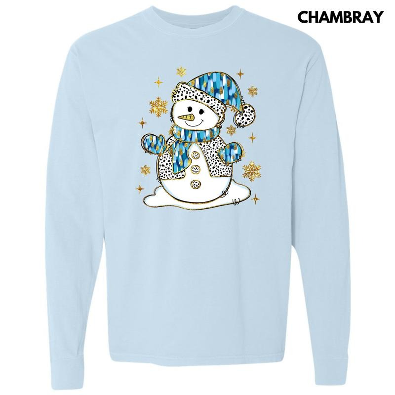 Blue & Gold Spotted Snowman Long Sleeve Comfort Colors T-Shirt 'NLB'