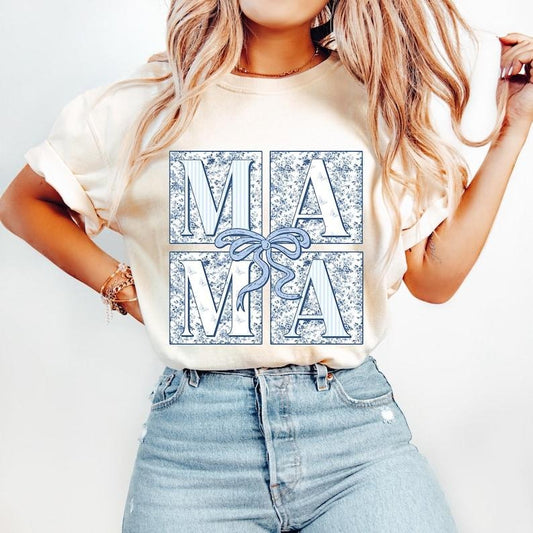 Blue Floral Chinoiserie Mama Coquette, Checkered Mama, Mothers Day Tshirt, Grand Millennial Gift Tshirt