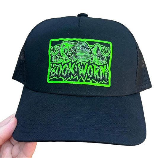 Book Worm Leather Patch Structured Trucker Hat,  Mesh Back, Mid Profile Baseball Cap, Pre-curved Bill, Snap Back, Alternative Goth Alt Punk Accessory