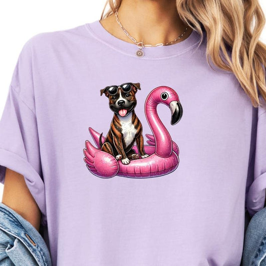 Brindle Pitbull Flamingo Float Dog Shirt ~ Unisex Apparel Relaxed Fit Printed In The USA Clothing Womenswear Casual Comfort Cotton Top Athletic Boho Chic