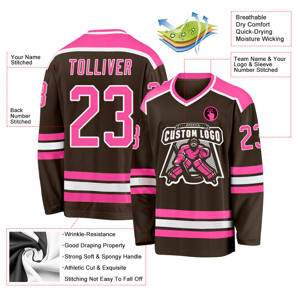 Custom Brown Pink-White Hockey Jersey