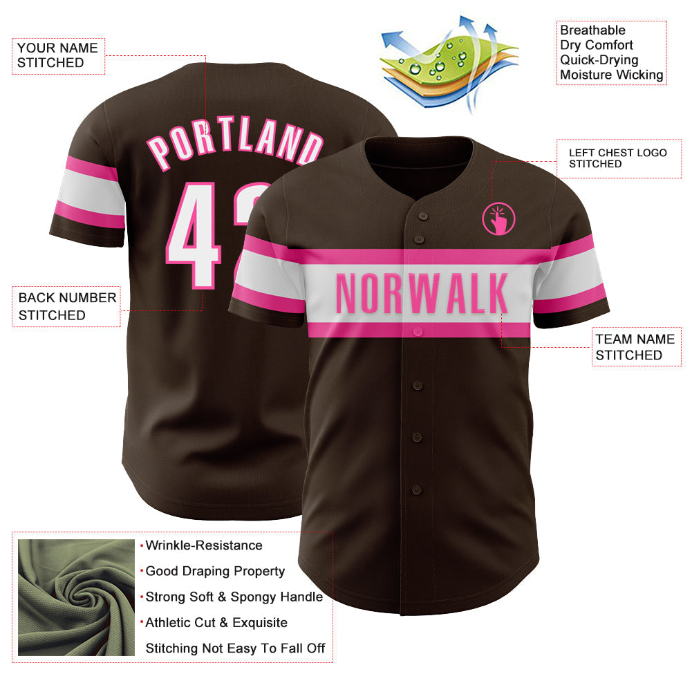 Custom Brown White-Pink Authentic Baseball Jersey