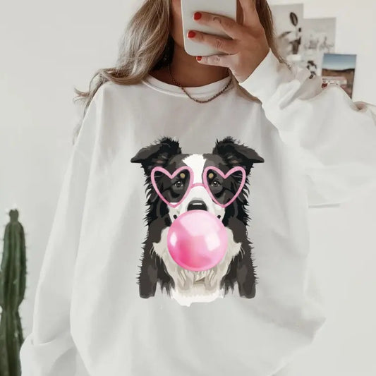 Bubblegum Border collie Crewneck ~ Sweatshirt Unisex Apparel Relaxed Fit Printed in the USA Clothing Womenswear Casual and Comfortable