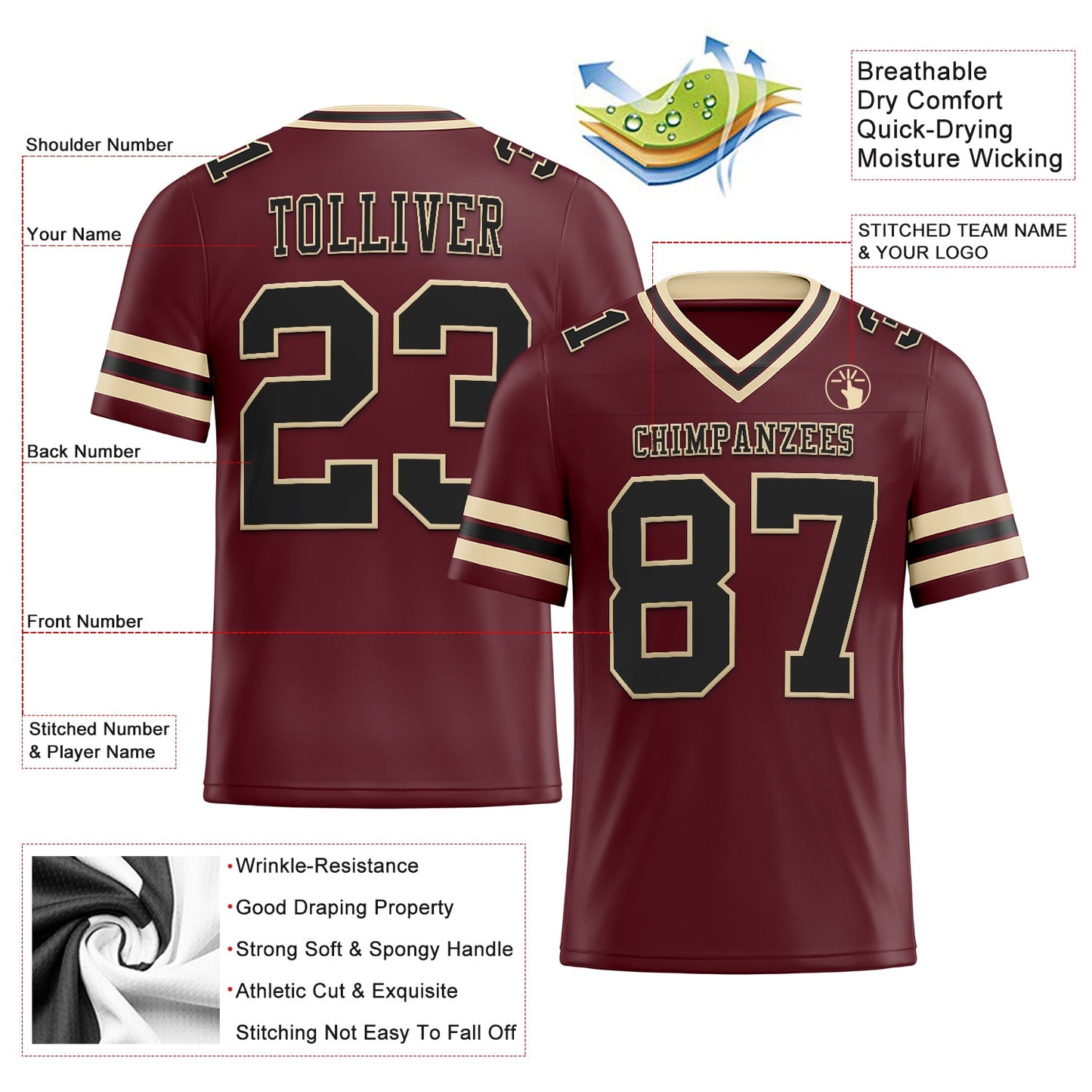 Custom Burgundy Black-City Cream Authentic Football Jersey