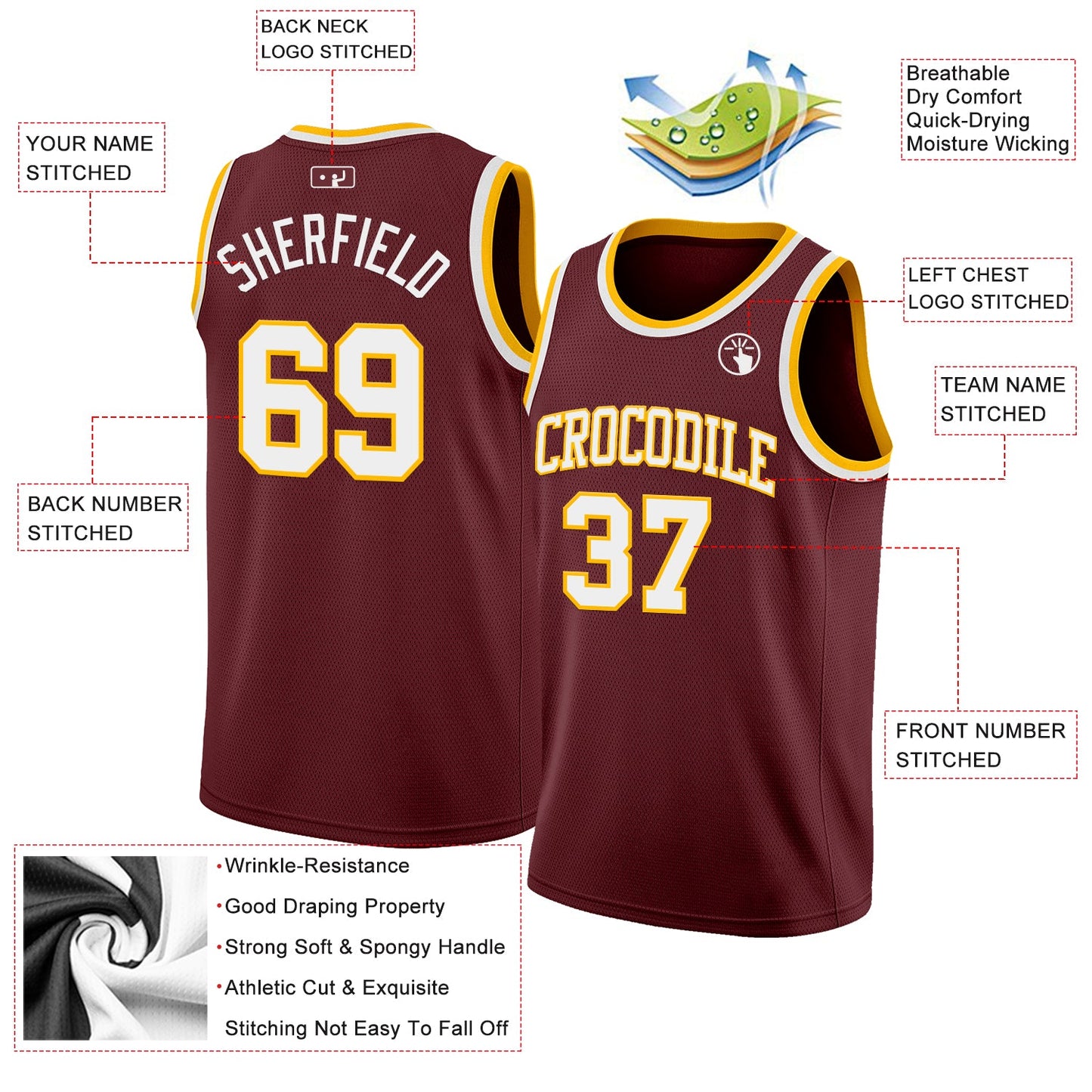 Custom Burgundy White-Gold Authentic Basketball Jersey