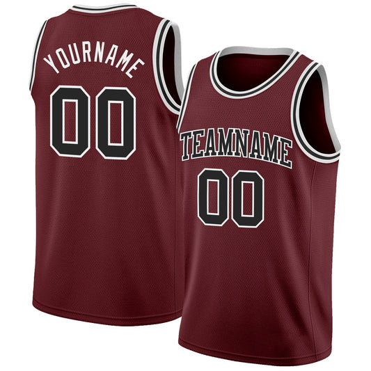 Custom Burgundy Black-White Authentic Basketball Jersey