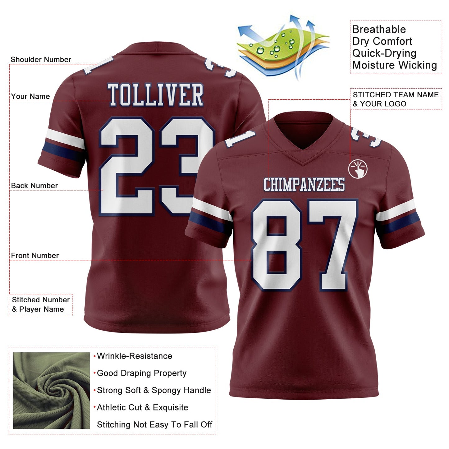 Custom Burgundy White-Navy Authentic Football Jersey