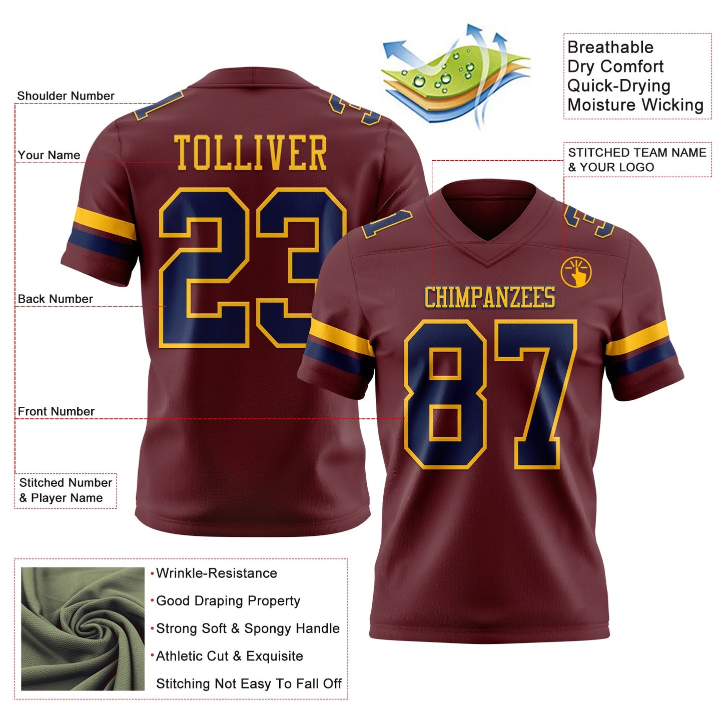 Custom Burgundy Navy-Gold Authentic Football Jersey
