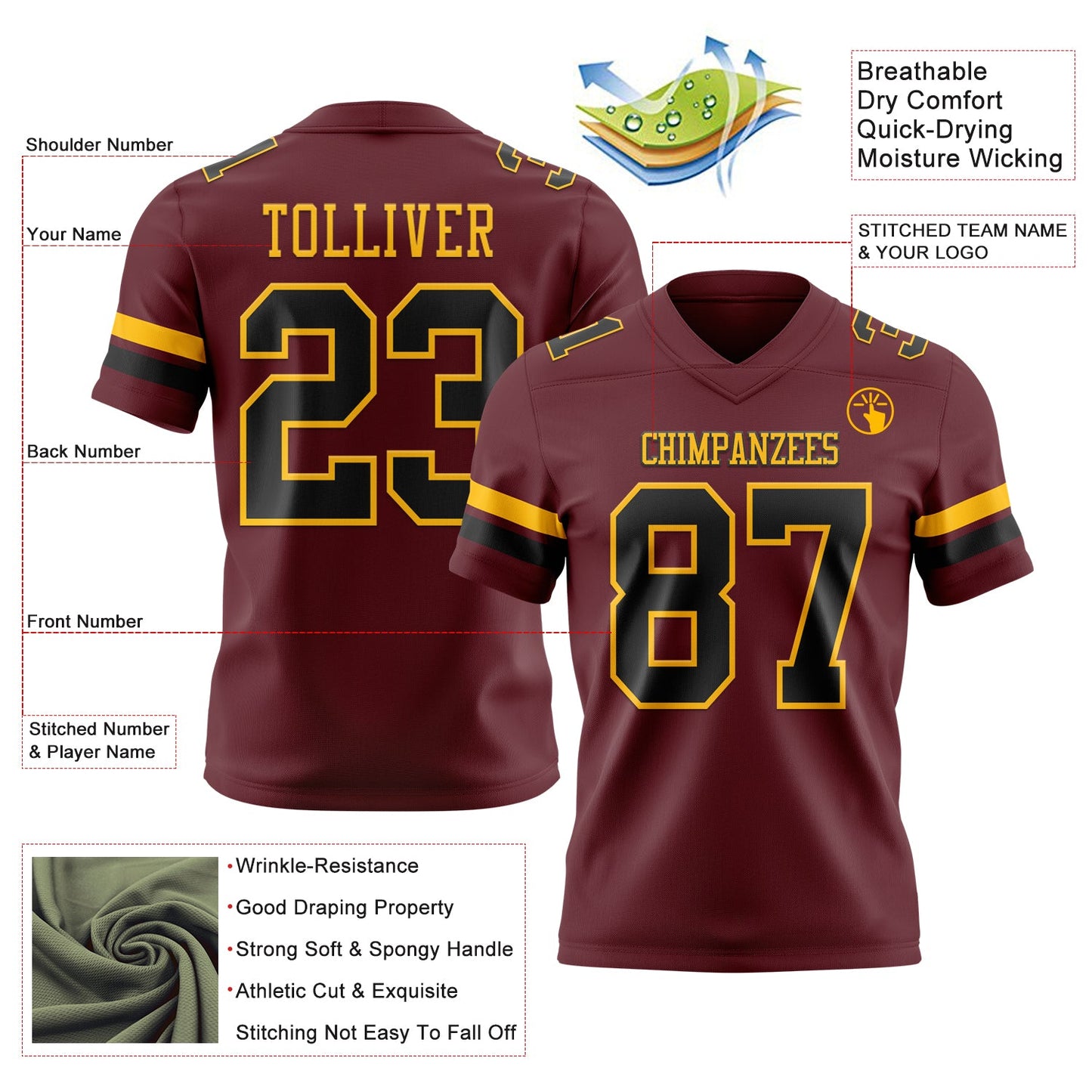Custom Burgundy Black-Gold Authentic Football Jersey