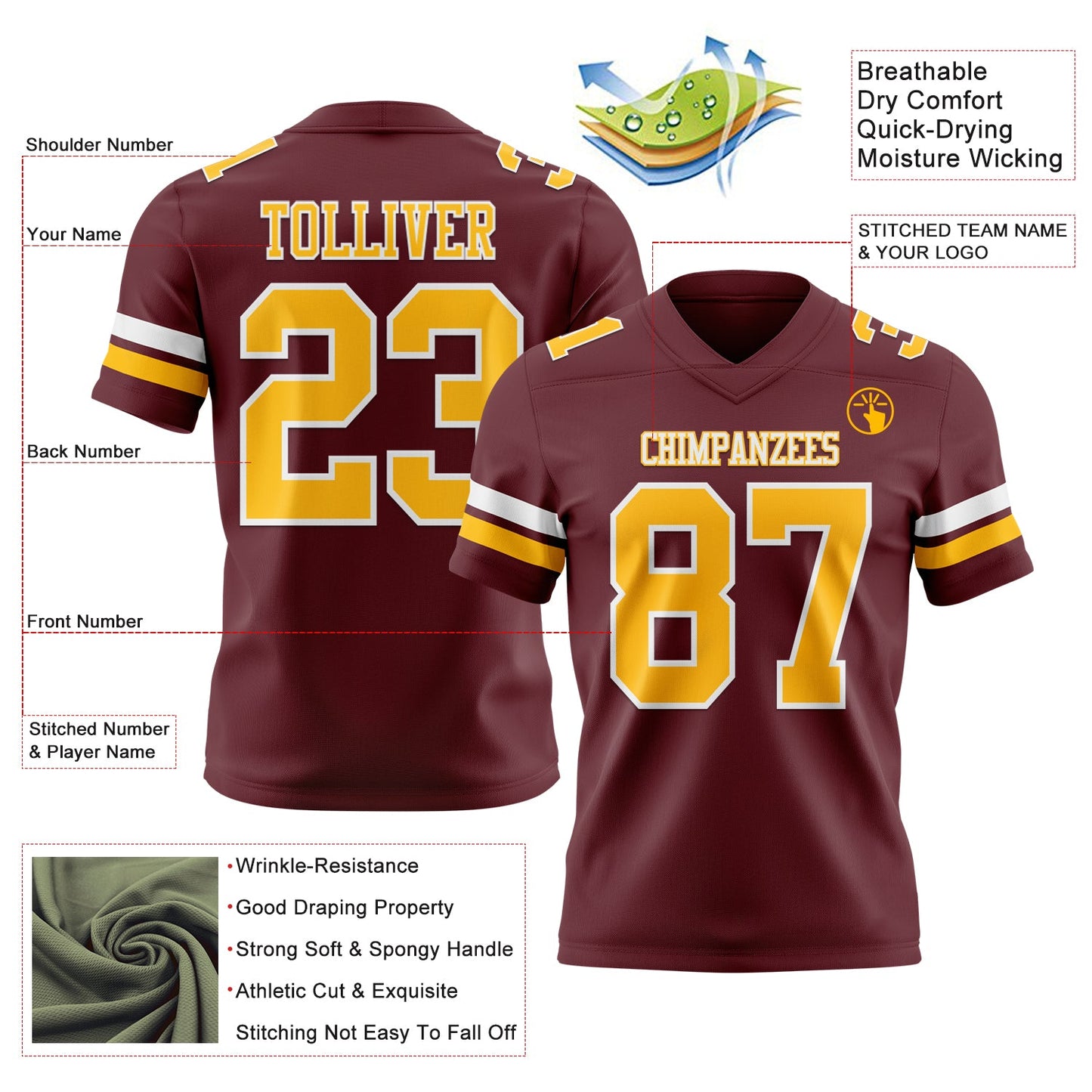 Custom Burgundy Gold-White Authentic Football Jersey