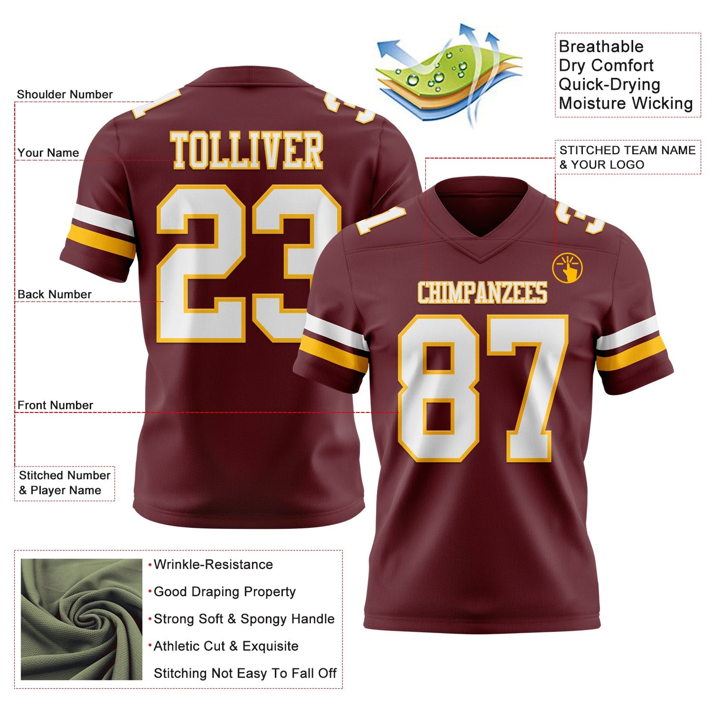 Custom Burgundy White-Gold Authentic Football Jersey