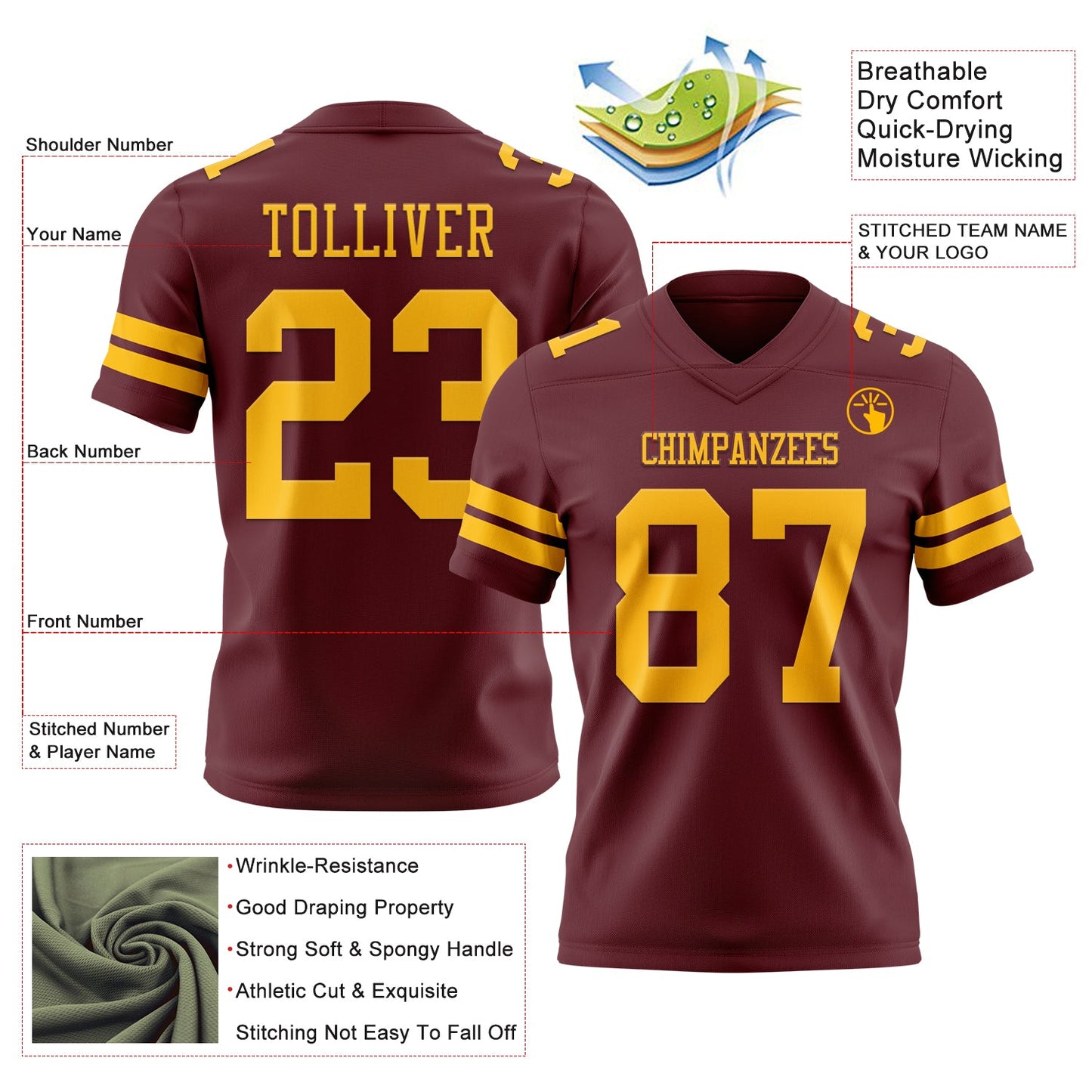 Custom Burgundy Gold Authentic Football Jersey