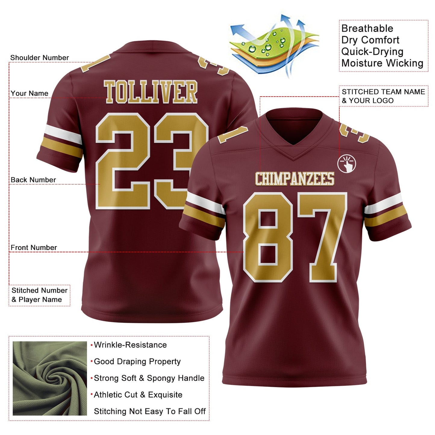 Custom Burgundy Old Gold-White Authentic Football Jersey