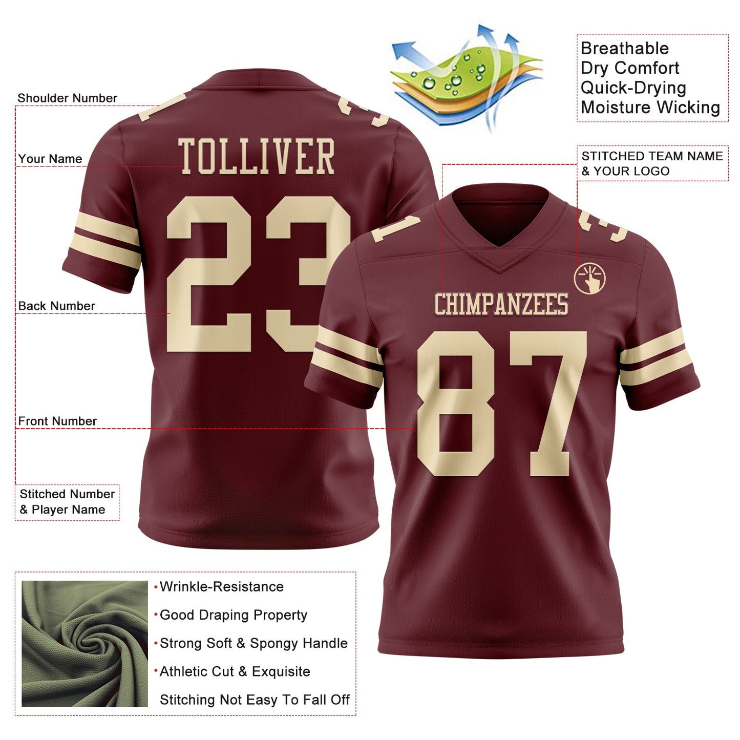 Custom Burgundy Cream Authentic Football Jersey