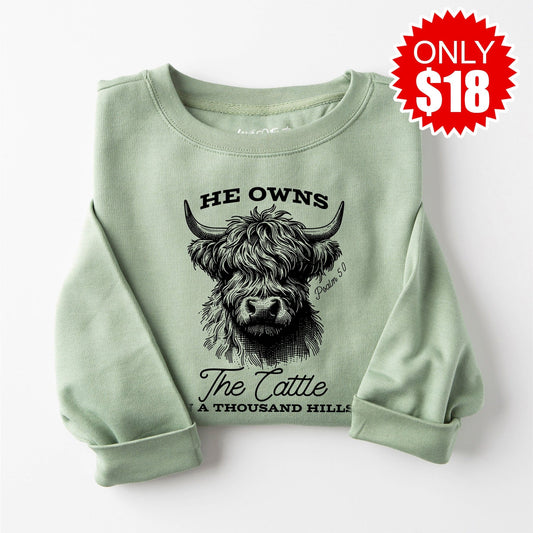 He Owns The Cattle Crewneck Sweatshirt - Heather Sage