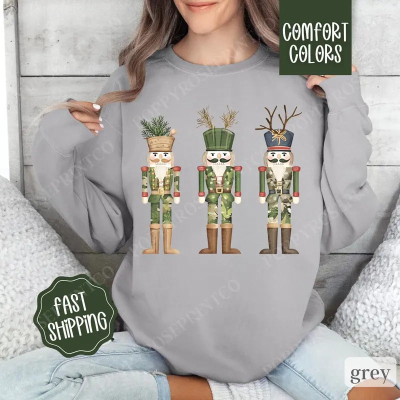 Camo Nutcracker Christmas Sweatshirt Comfort Colors, Country Christmas Sweater,  Womens Holiday Hunting Crewneck