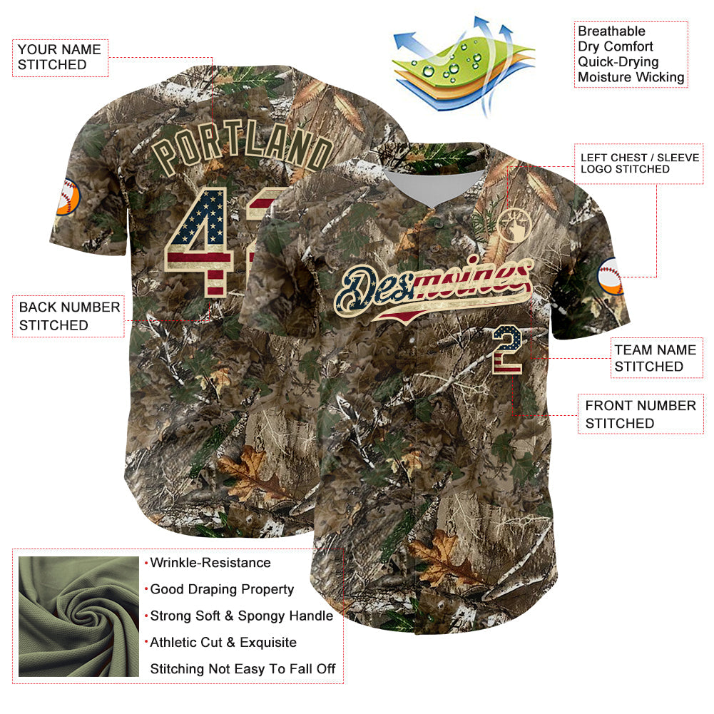 Custom Camo Vintage USA Flag-Cream 3D Woodland Camo Authentic Salute To Service Baseball Jersey