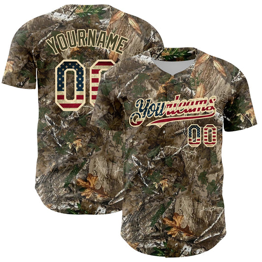 Custom Camo Vintage USA Flag-Cream 3D Woodland Camo Authentic Salute To Service Baseball Jersey