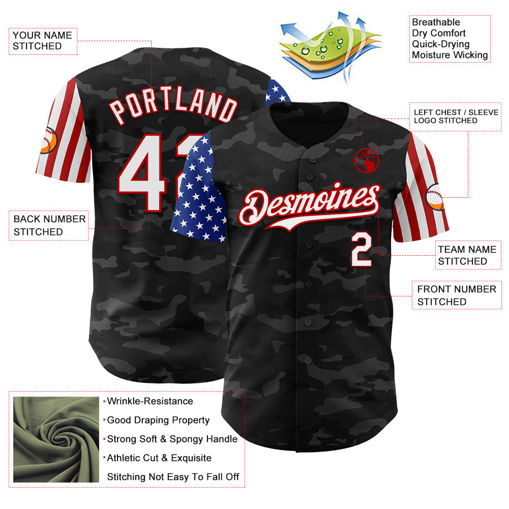 Custom Camo White-Red 3D American Flag  Authentic Salute To Service Baseball Jersey