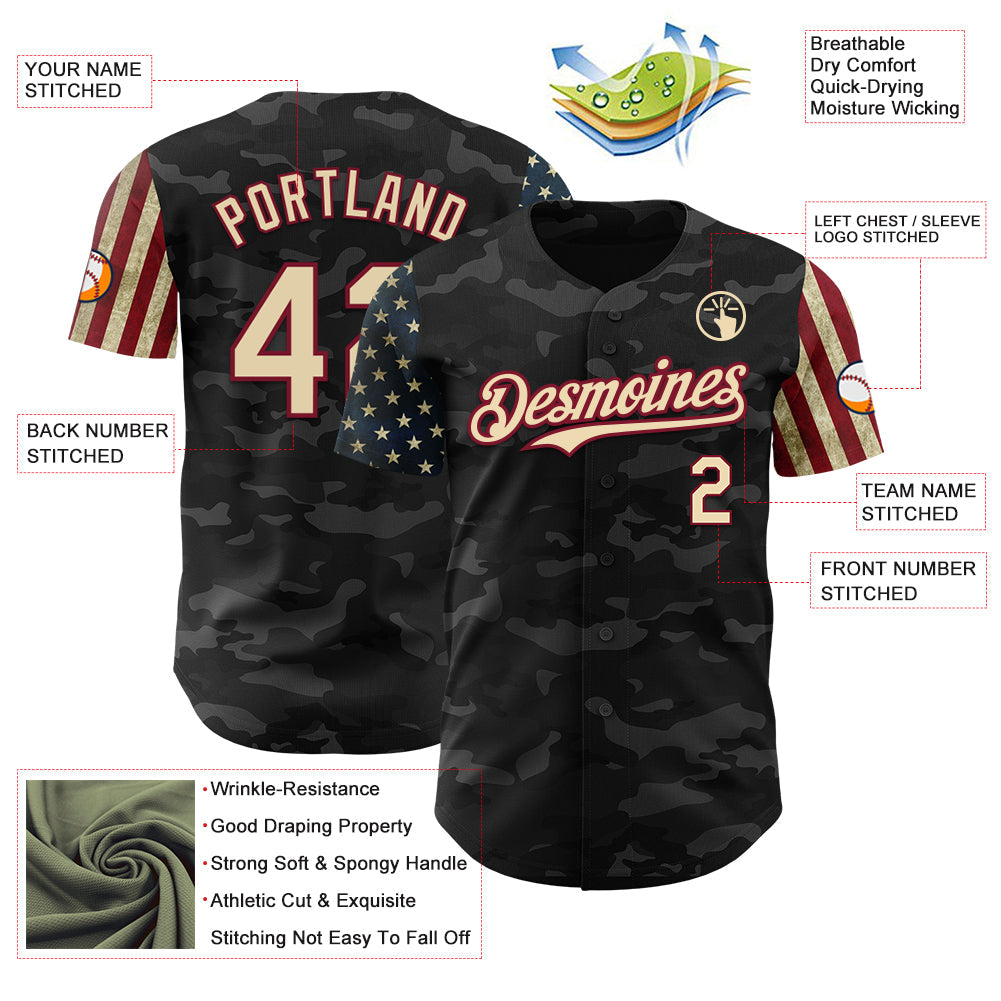 Custom Camo Cream-Crimson 3D American Flag Authentic Salute To Service Baseball Jersey