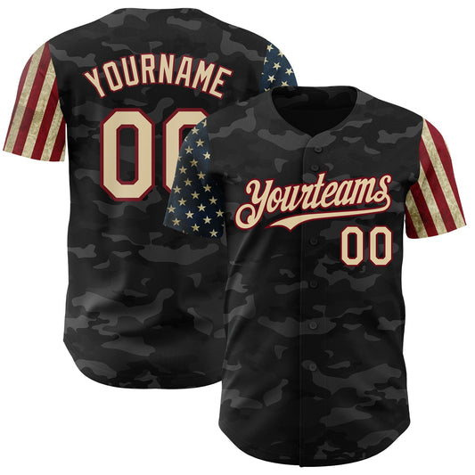 Custom Camo Cream-Crimson 3D American Flag Authentic Salute To Service Baseball Jersey