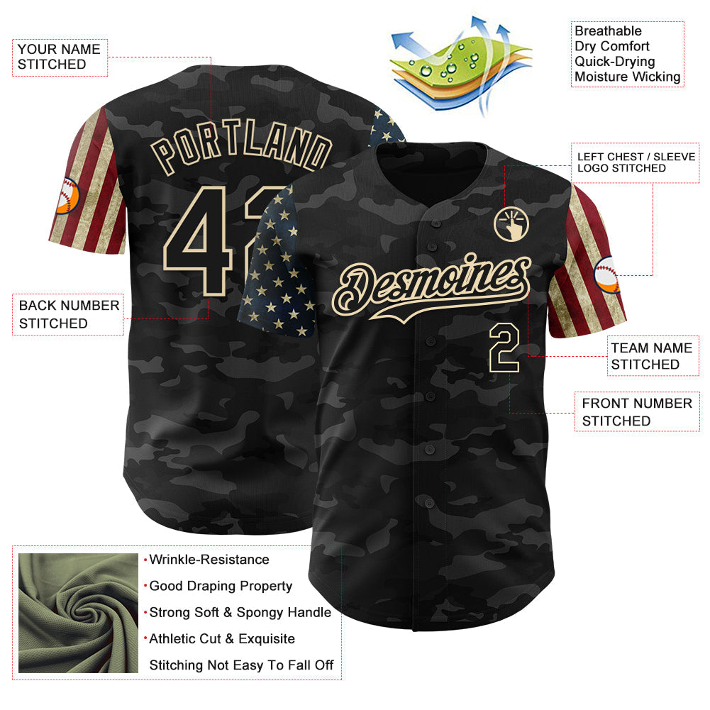 Custom Camo Black-Cream 3D American Flag Authentic Salute To Service Baseball Jersey