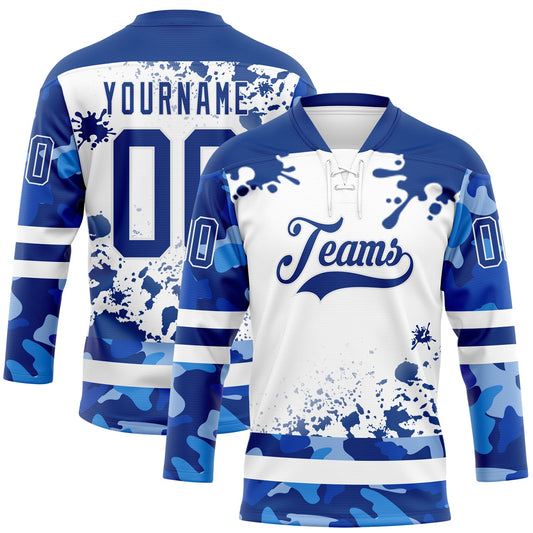 Custom Camo Royal-White Splash Hockey Lace Neck Jersey