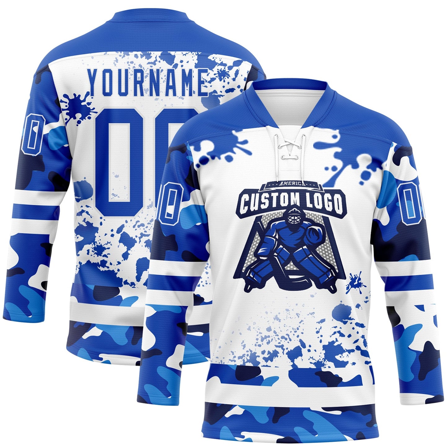 Custom Camo Thunder Blue-White Splash Hockey Lace Neck Jersey