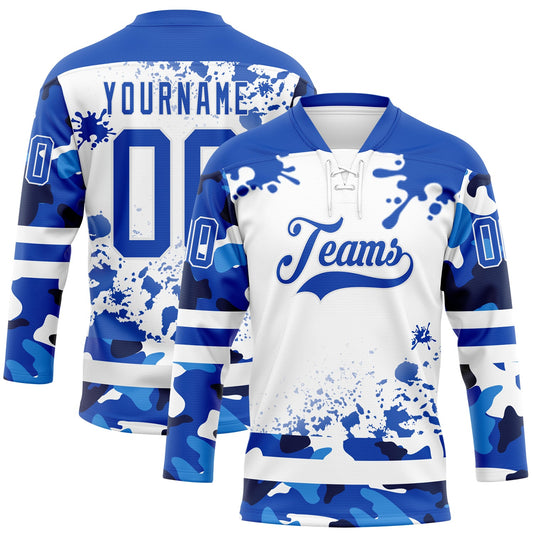 Custom Camo Thunder Blue-White Splash Hockey Lace Neck Jersey