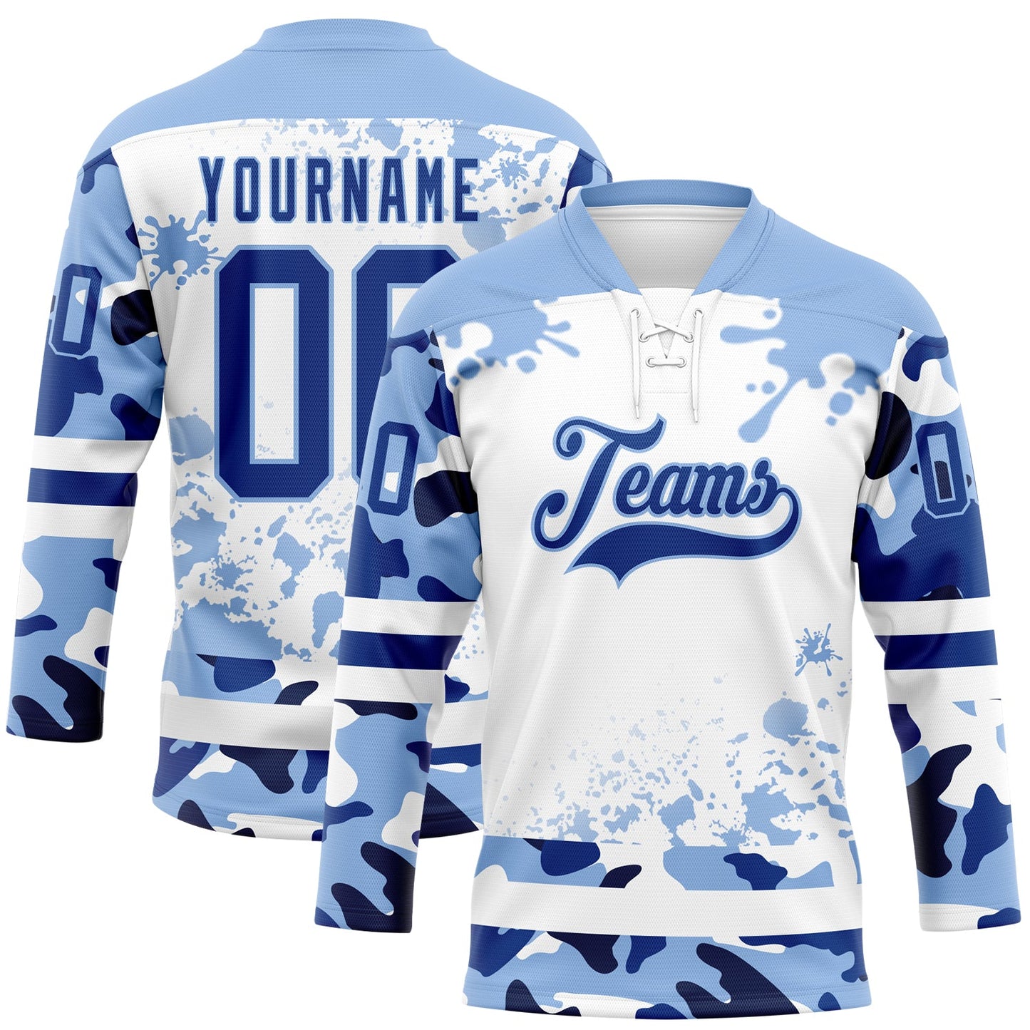 Custom Camo Royal Light Blue-White Splash Hockey Lace Neck Jersey