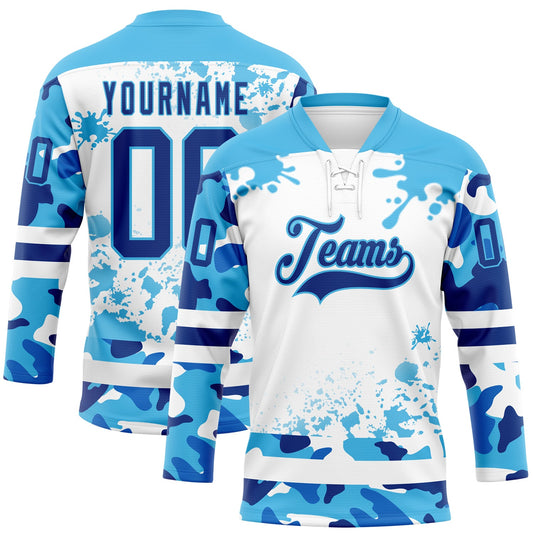 Custom Camo Royal Sky Blue-White Splash Hockey Lace Neck Jersey