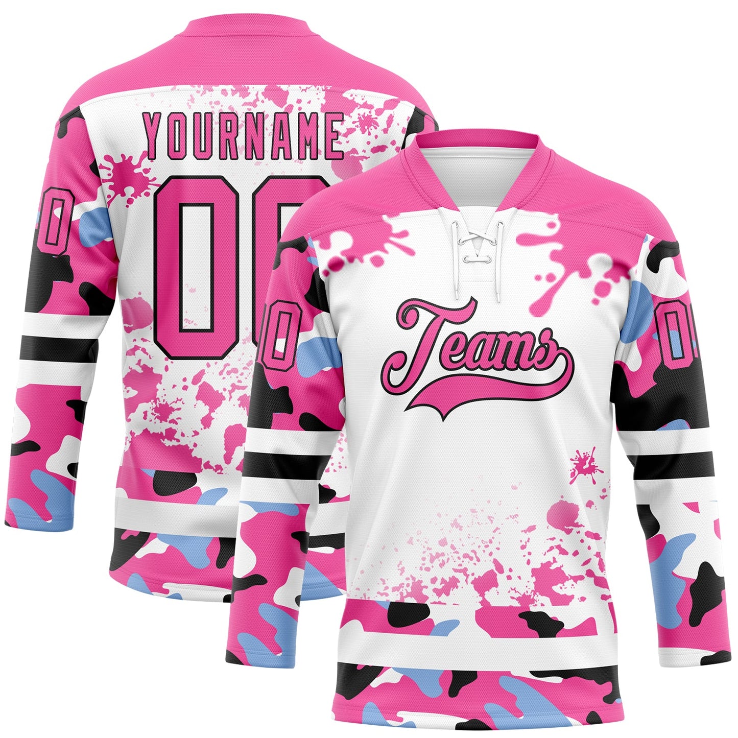 Custom Camo Pink Black-White Splash Hockey Lace Neck Jersey