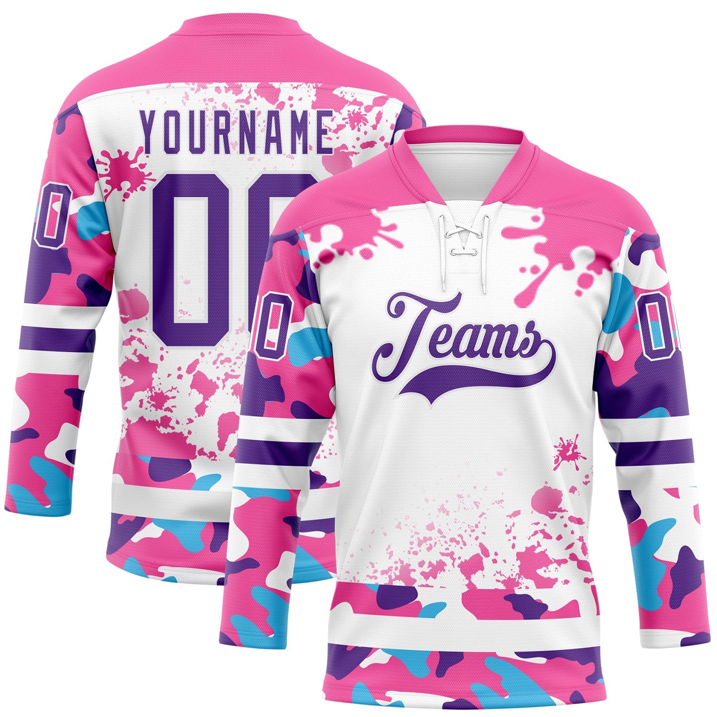 Custom Camo Purple Pink-White Splash Hockey Lace Neck Jersey