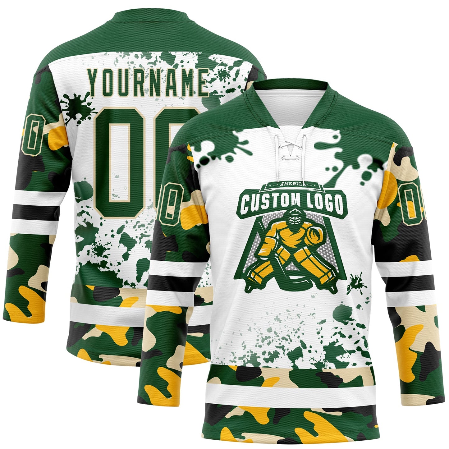 Custom Camo Green Black Cream-White Splash Hockey Lace Neck Jersey