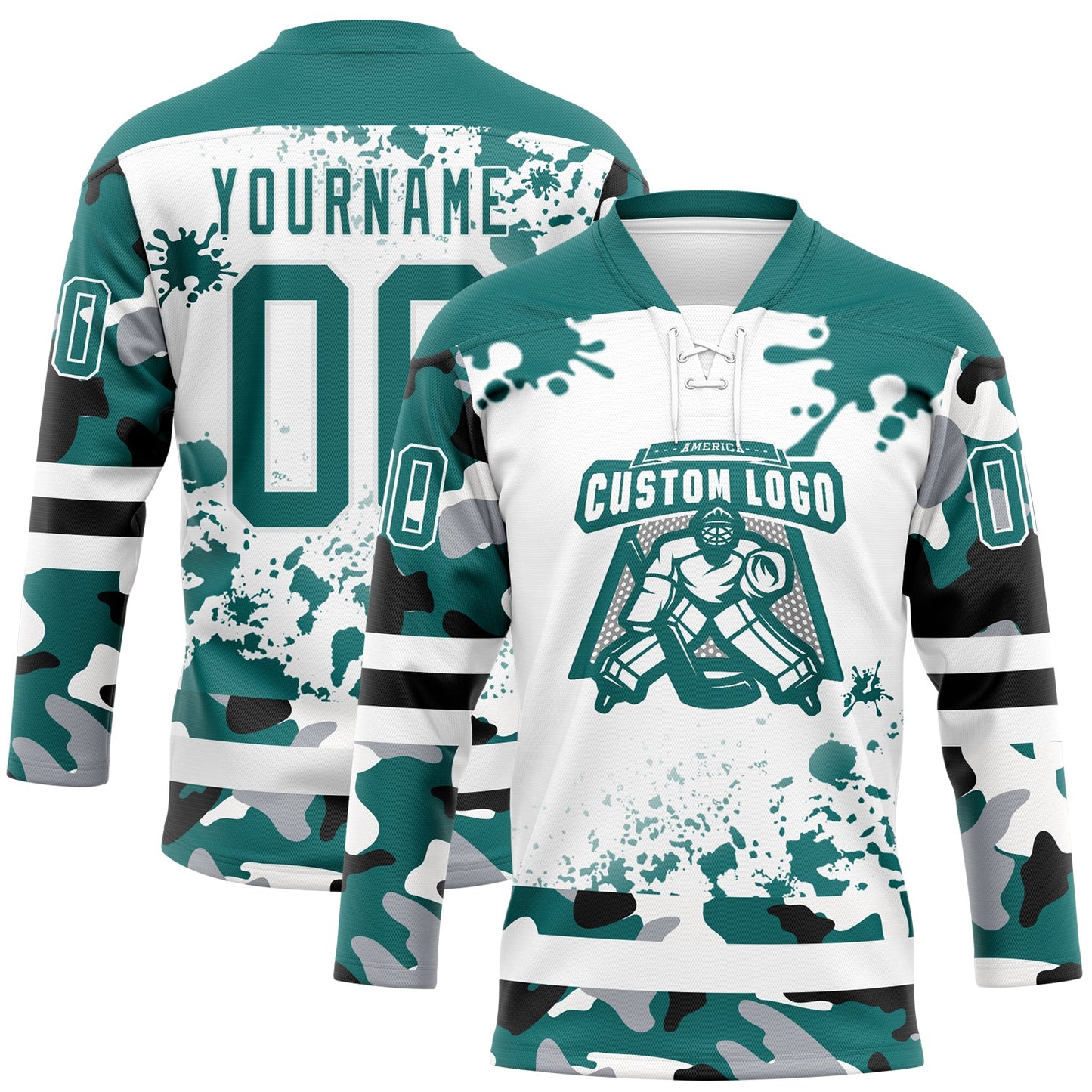 Custom Camo Teal Black-White Splash Hockey Lace Neck Jersey