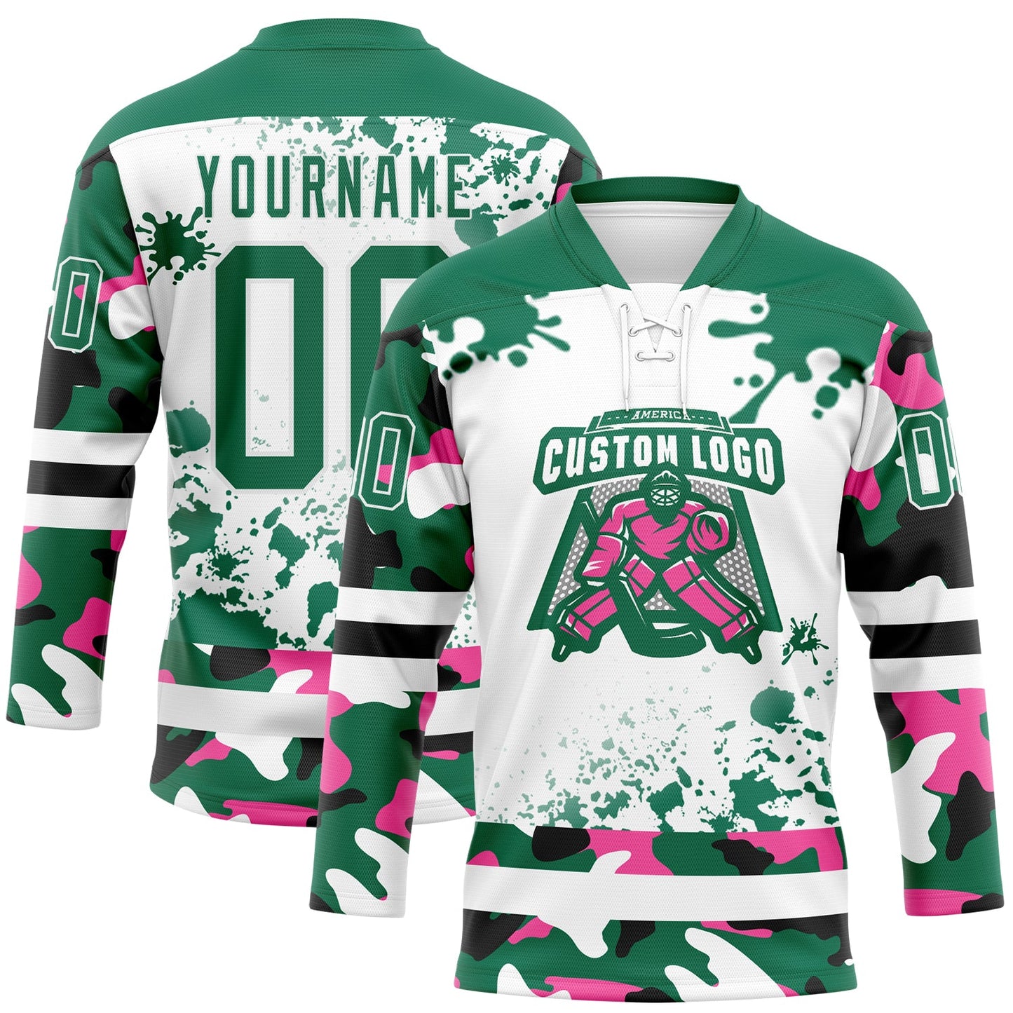 Custom Camo Kelly Green Black-White Splash Hockey Lace Neck Jersey