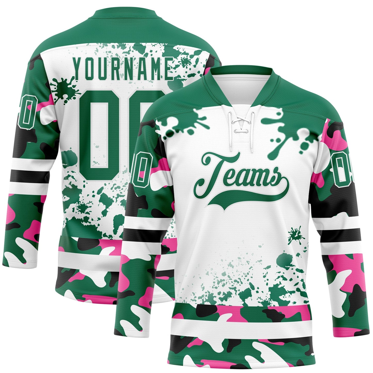 Custom Camo Kelly Green Black-White Splash Hockey Lace Neck Jersey