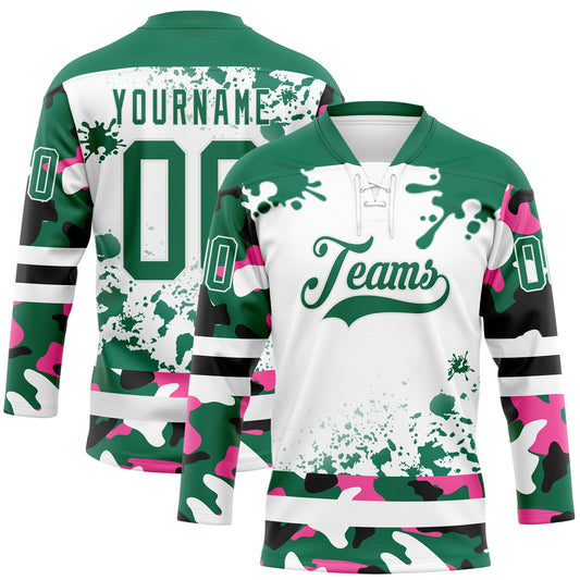 Custom Camo Kelly Green Black-White Splash Hockey Lace Neck Jersey