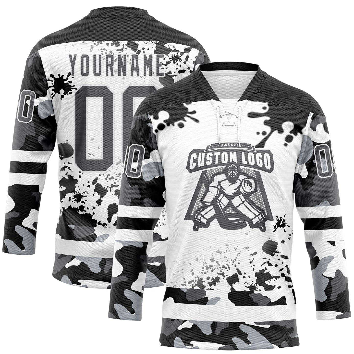 Custom Camo Steel Gray Black-White Splash Hockey Lace Neck Jersey